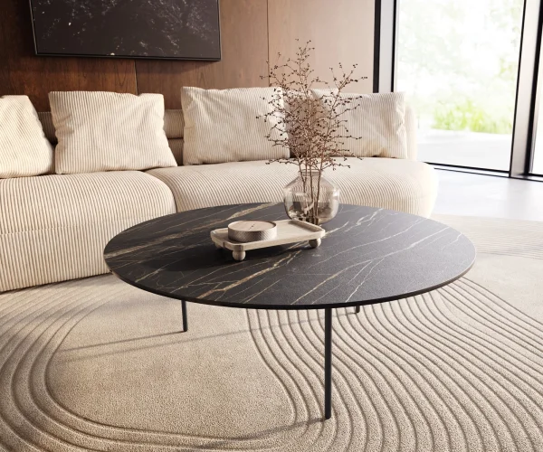 Couchtisch Edge Rund 100x100 cm Keramik Laminam® Noir Desir Braun Trive Metall Schwarz