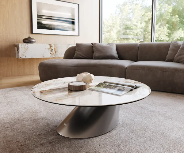 Couchtisch Edge Rund 100x100 cm Keramik Minas Melange Conis Edelstahl gebürstet