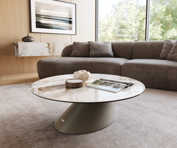 Couchtisch Edge Rund 100x100 cm Keramik Minas Melange Conis Metall Effektfinish Titan