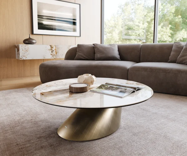 Couchtisch Edge Rund 100x100 cm Keramik Minas Melange Conis Metallic Gold