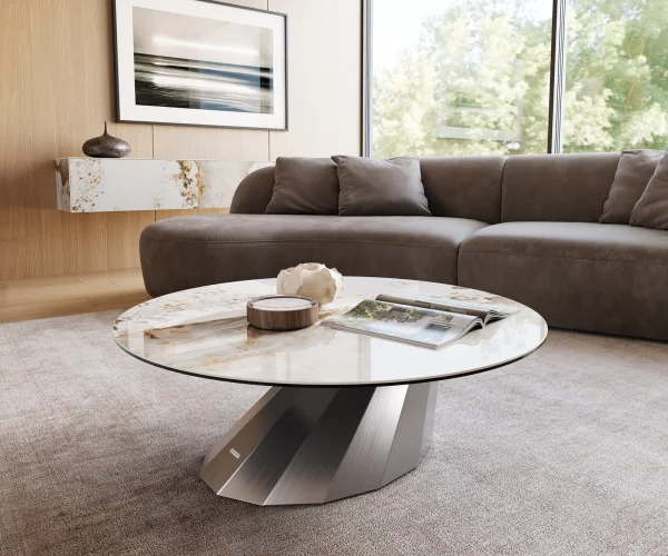 Couchtisch Edge Rund 100x100 cm Keramik Minas Melange Parabi Edelstahl gebürstet
