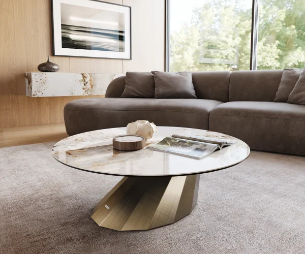 Couchtisch Edge Rund 100x100 cm Keramik Minas Melange Parabi Metallic Gold