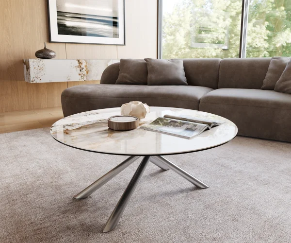 Couchtisch Edge Rund 100x100 cm Keramik Minas Melange Sarity Edelstahl gebürstet