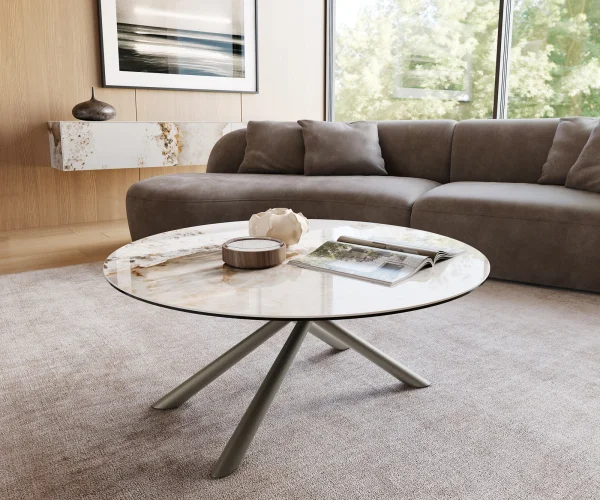 Couchtisch Edge Rund 100x100 cm Keramik Minas Melange Sarity Metall Effektfinish Titan