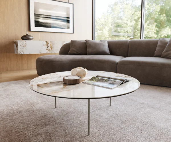 Couchtisch Edge Rund 100x100 cm Keramik Minas Melange Trive Metall Effektfinish Titan