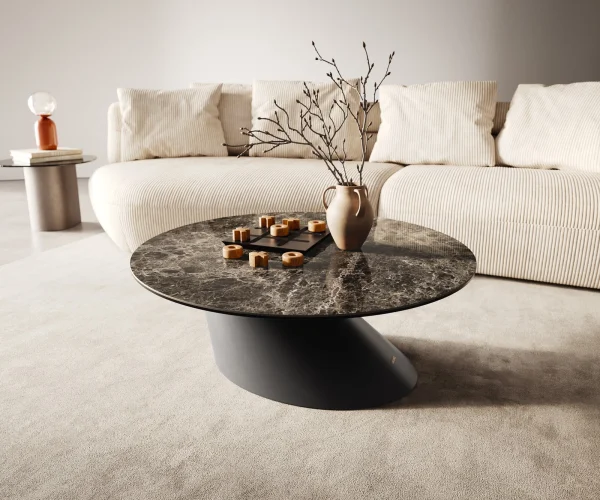 Couchtisch Edge Rund 90x90 cm Keramik Laminam® Emperador Extra Lucidato Dunkelbraun Conis Metall Schwarz