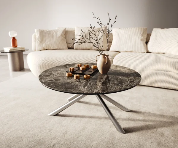 Couchtisch Edge Rund 90x90 cm Keramik Laminam® Emperador Extra Lucidato Dunkelbraun Sarity Edelstahl gebürstet