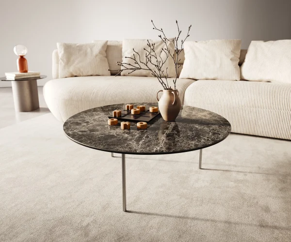 Couchtisch Edge Rund 90x90 cm Keramik Laminam® Emperador Extra Lucidato Dunkelbraun Trive Edelstahl gebürstet