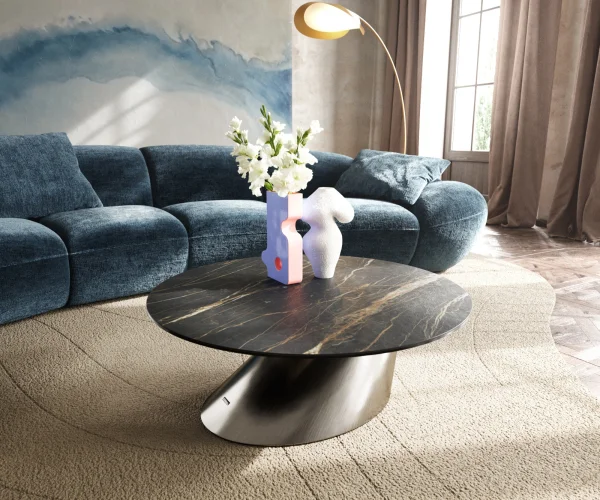 Couchtisch Edge Rund 90x90 cm Keramik Laminam® Noir Desir Braun Conis Edelstahl gebürstet