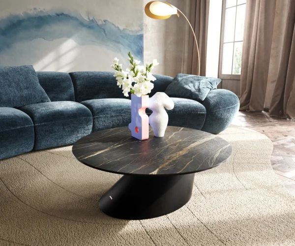 Couchtisch Edge Rund 90x90 cm Keramik Laminam® Noir Desir Braun Conis Metall Schwarz