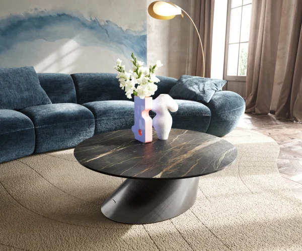 Couchtisch Edge Rund 90x90 cm Keramik Laminam® Noir Desir Braun Conis Metallic Silber