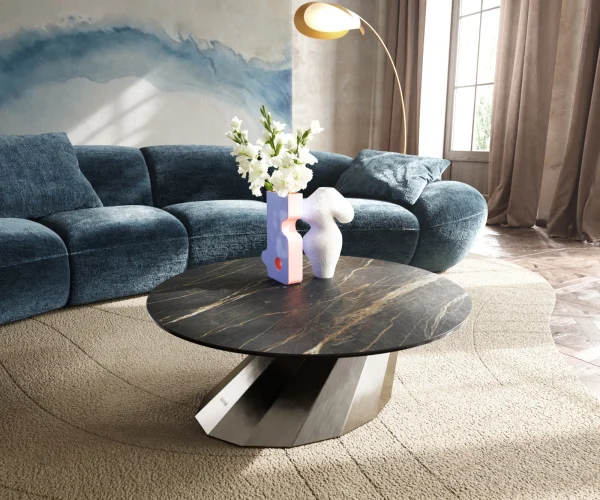 Couchtisch Edge Rund 90x90 cm Keramik Laminam® Noir Desir Braun Parabi Edelstahl gebürstet