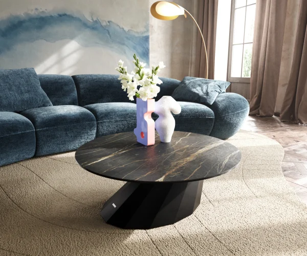 Couchtisch Edge Rund 90x90 cm Keramik Laminam® Noir Desir Braun Parabi Metall Schwarz
