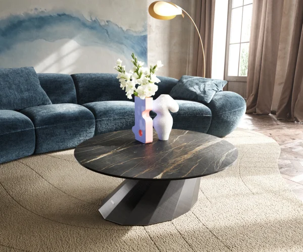 Couchtisch Edge Rund 90x90 cm Keramik Laminam® Noir Desir Braun Parabi Metallic Silber