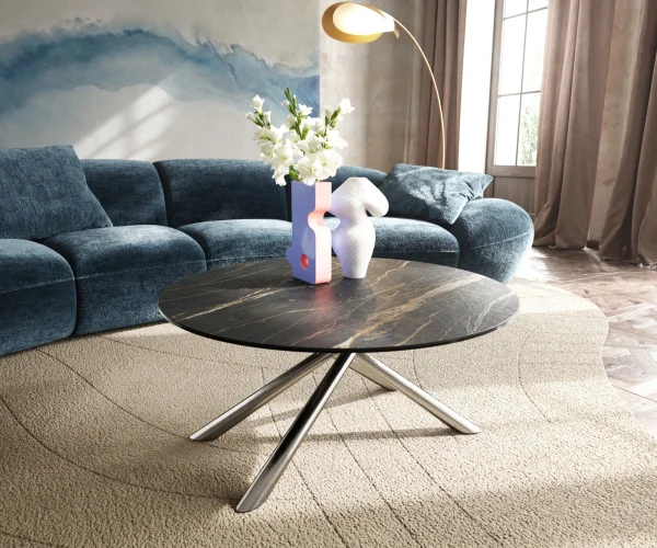 Couchtisch Edge Rund 90x90 cm Keramik Laminam® Noir Desir Braun Sarity Edelstahl gebürstet