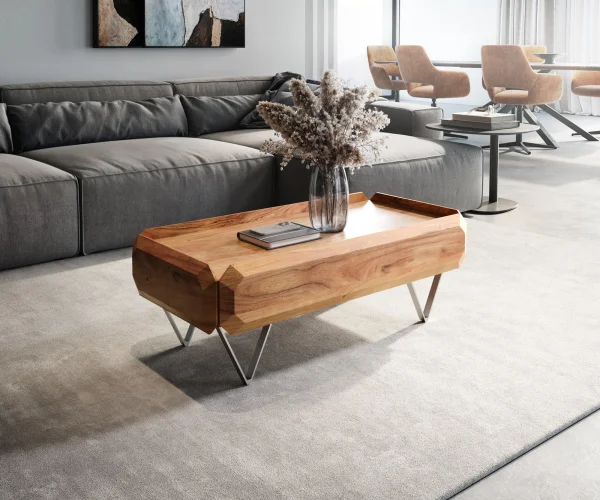 Couchtisch Kiano 100x50 cm Akazie Natur 2 Schübe V-Fuß Edelstahl