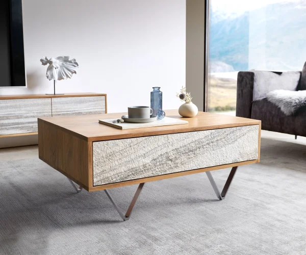Couchtisch Kleo 80x60 cm Akazie Natur 2 Schübe V-Fuß Edelstahl