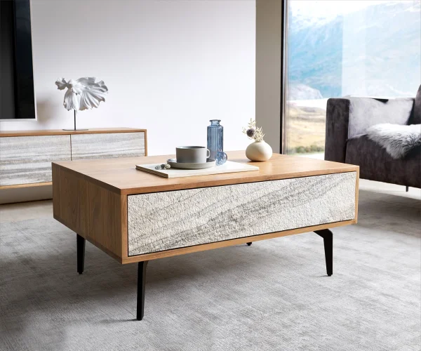 Couchtisch Kleo 80x60 cm Akazie Natur 2 Schübe Winkelfuß Metall Schwarz