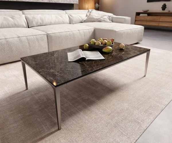 Couchtisch Levente 110x60 cm Keramik Laminam® Emperador Extra Lucidato Dunkelbraun Gestell Edelstahl Silber