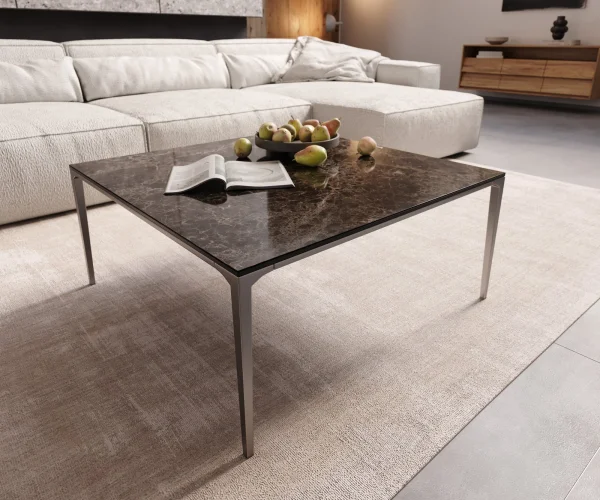 Couchtisch Levente 85x85 cm Keramik Laminam® Emperador Extra Lucidato Dunkelbraun Gestell Edelstahl Silber