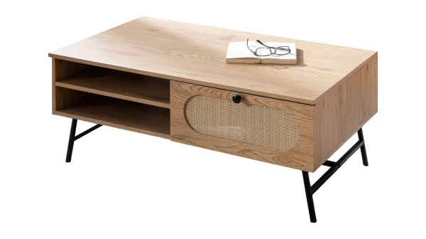 Couchtisch mit Schublade Eiche Holzdekor - Polyrattan 100 x 60 cm - RATVAN