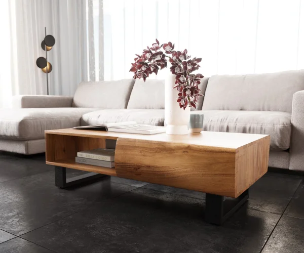 Couchtisch New Live-Edge 115x60 cm Akazie Natur 2 Schubladen 1 Fach Kufe Metall Schwarz