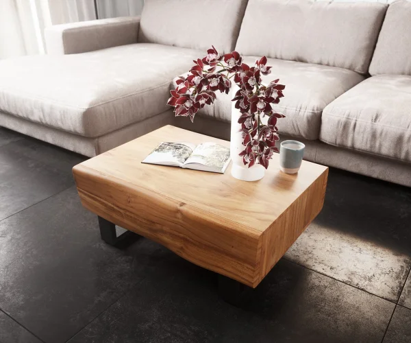 Couchtisch New Live-Edge 80x60 cm Akazie Natur 2 Schubladen Kufe Metall Schwarz