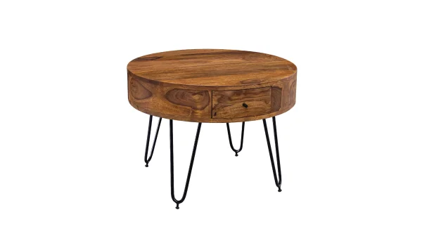 Couchtisch rund mit Schublade Sheesham massiv gebeizt 60 cm - THORE