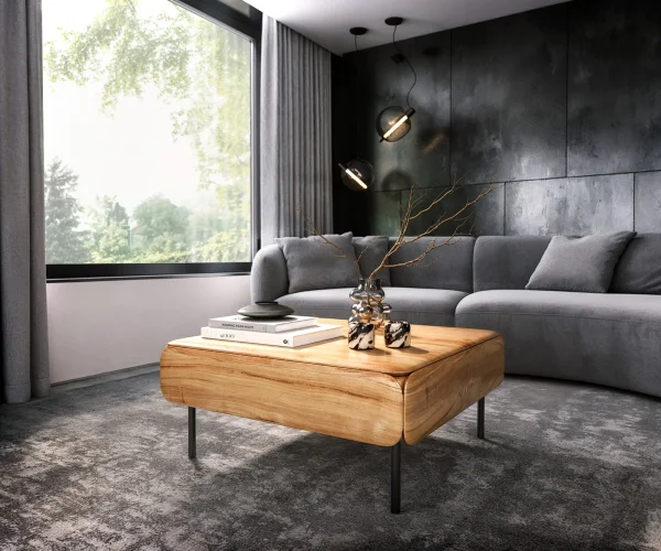 Couchtisch Shavani 90x90 cm Akazie Natur 2 Schubladen Metall Schwarz