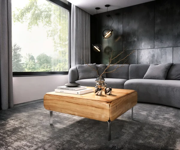 Couchtisch Shavani 90x90 cm Akazie Natur 2 Türen L-Fuß Edelstahl Silber
