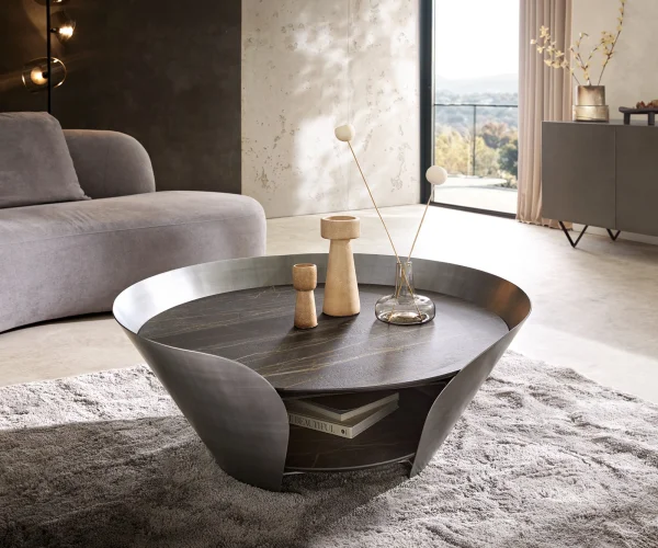 Couchtisch Skafi 100x40 cm Keramik Laminam® Noir Desir Braun Metallic Silber