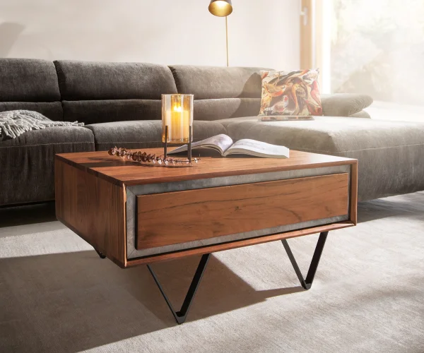 Couchtisch Stonegrace 80x60 cm Akazie Braun 2 Schublade Steinfurnier