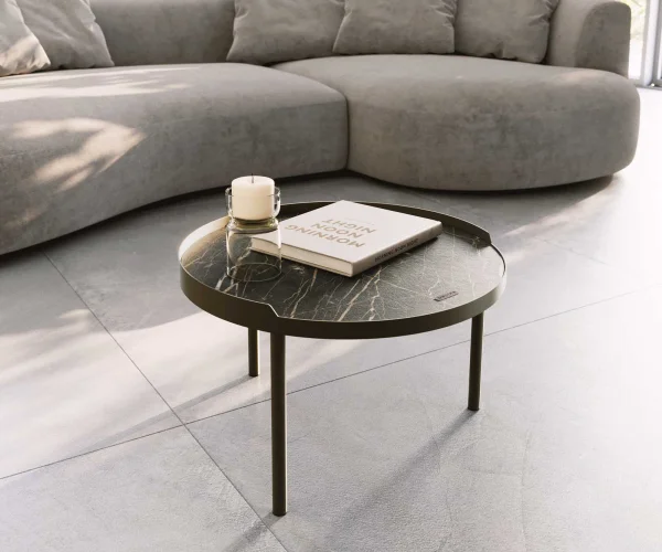 Couchtisch Torell 50x50 cm  Keramik Laminam®Noir Desir Braun Metallrahmen Effektfinish Titan