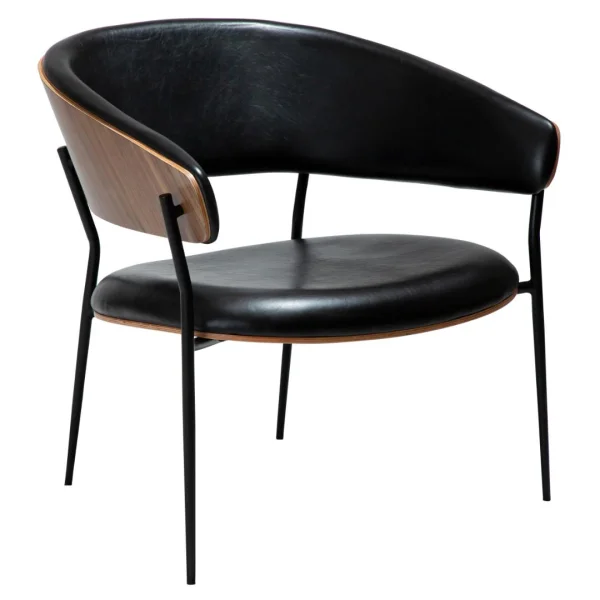 Crib Sessel mit Armlehnen Furnier Walnuss, PU-Kunstleder schwarz.