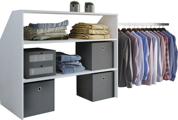 Dacho Regal , Regal, Kleiderschrank Schrägwand 2 Regale und 1 Kleiderstange weiß.