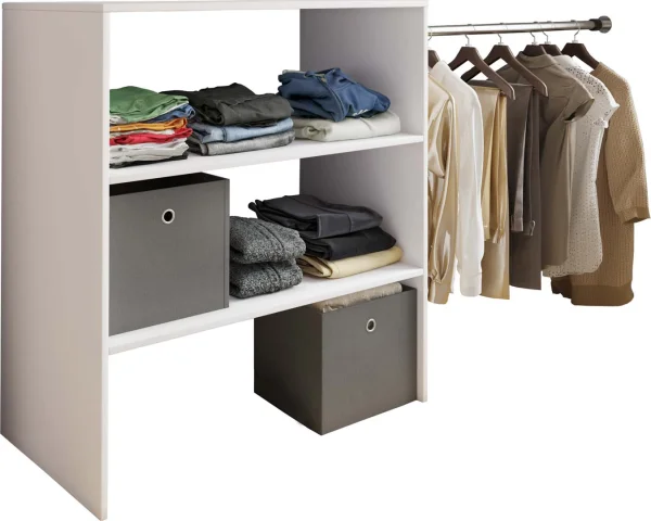 Dacho1 Kleiderschrank Regal mit 1x Kleiderstange 3 Ablagen weiß.