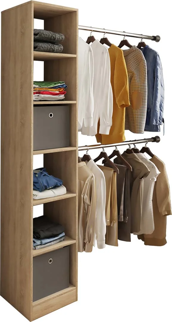Dacho2 Kleiderschrank Regal mit 2x Kleiderstange 6 Ablagen Eiche dekor.