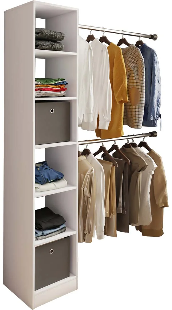 Dacho2 Kleiderschrank Regal mit 2x Kleiderstange 6 Ablagen weiß.