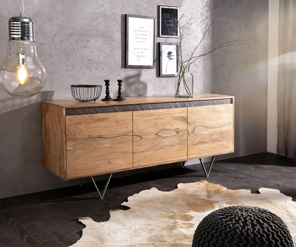 Design-Sideboard Stonegrace 175 cm Akazie Natur Schiefer 3 Türen