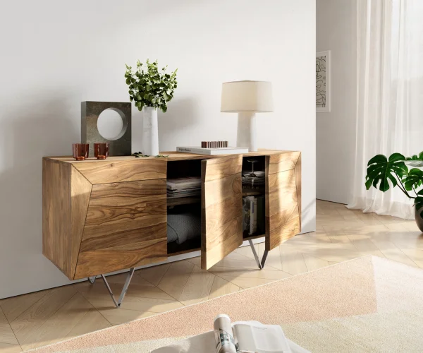 Design-Sideboard Wyatt 150 cm Sheesham Natur 3D Optik oben Edelstahl Fuß 20 cm