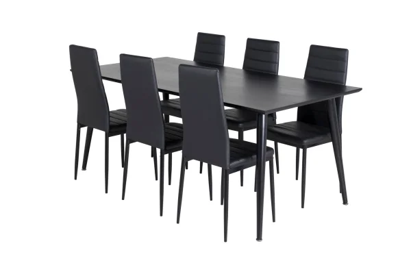 Dipp180x90BLBL Essgruppe Esstisch schwarz und 6 Slim High Back Esszimmerstühle PU Kunstleder schwarz.