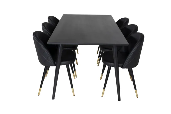 Dipp180x90BLBL Essgruppe Esstisch schwarz und 6 Velvet Esszimmerstühle PU Kunstleder schwarz.