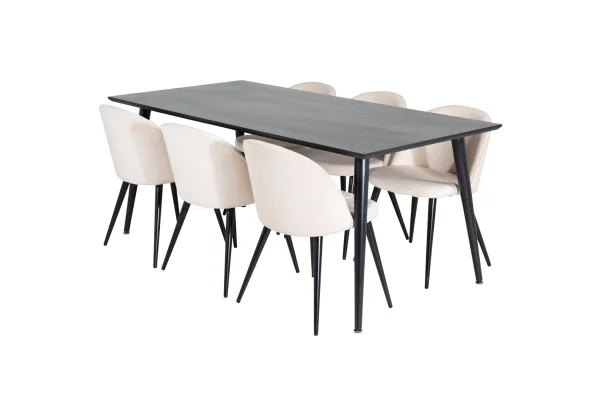 Dipp180x90BLBL Essgruppe Esstisch schwarz und 6 Velvet Esszimmerstühle Velour beige, schwarz.