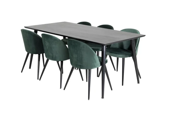 Dipp180x90BLBL Essgruppe Esstisch schwarz und 6 Velvet Esszimmerstühle Velour grün, schwarz.