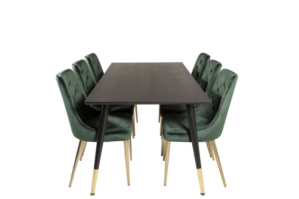 Dipp180x90BLBR Essgruppe Esstisch schwarz und 6 Velvet Deluxe Esszimmerstühle Velour grün, Messing dekor.
