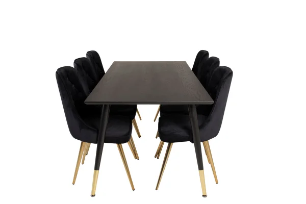 Dipp180x90BLBR Essgruppe Esstisch schwarz und 6 Velvet Deluxe Esszimmerstühle Velour schwarz, Messing dekor.