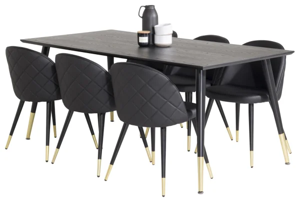 Dipp180x90BLBR Essgruppe Esstisch schwarz und 6 Velvet Esszimmerstühle PU Kunstleder schwarz.