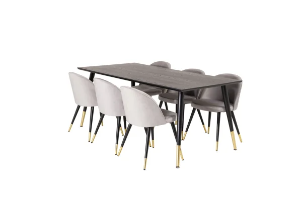Dipp180x90BLBR Essgruppe Esstisch schwarz und 6 Velvet Esszimmerstühle Velour hellgrau.
