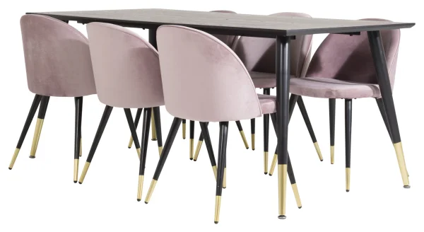 Dipp180x90BLBR Essgruppe Esstisch schwarz und 6 Velvet Esszimmerstühle Velour pink, schwarz, Messing dekor.