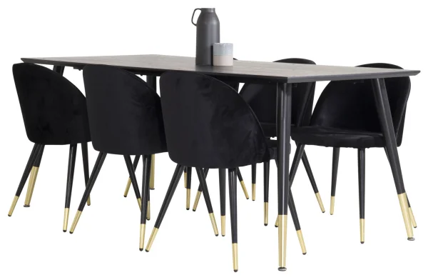 Dipp180x90BLBR Essgruppe Esstisch schwarz und 6 Velvet Esszimmerstühle Velour schwarz, Messing dekor.